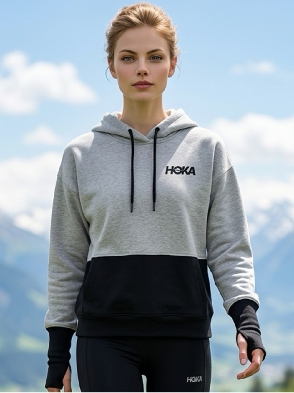 NWT HOKA One One - Unisex Gray & Black Hoodie Thumb Hole Sleeves - Size Medium